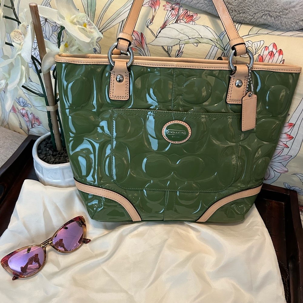 Coach Olive Green and Beige Patent Tote